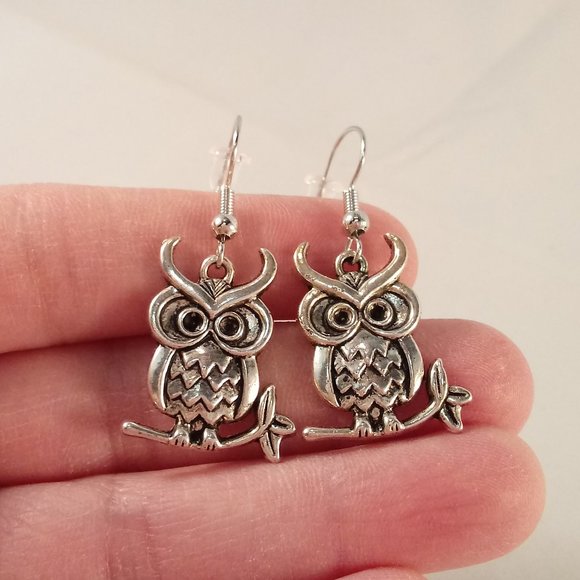 Silver Owl Branch Dangle Earrings Hypoallergenic Party Gift - Picture 2 of 3